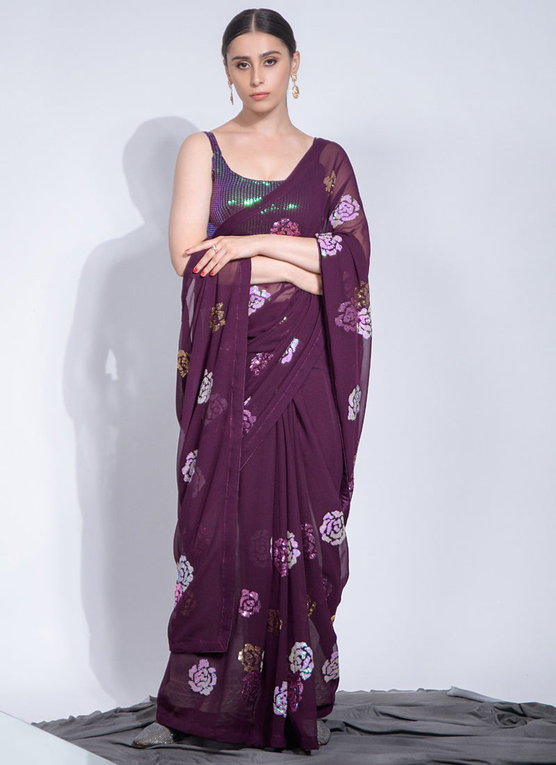Vegaa Fashion Wine Georgette Sequence Flower Work Saree