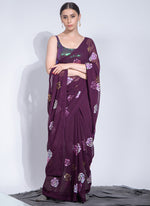 Thumbnail for Vegaa Fashion Wine Georgette Sequence Flower Work Saree