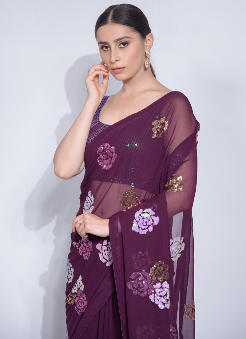 Vegaa Fashion Wine Georgette Sequence Flower Work Saree