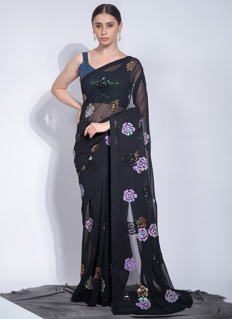 Vegaa Fashion Black Georgette Sequence Flower Work Saree