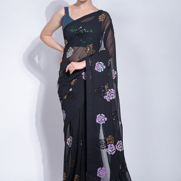 Vegaa Fashion Black Georgette Sequence Flower Work Saree - Distacart