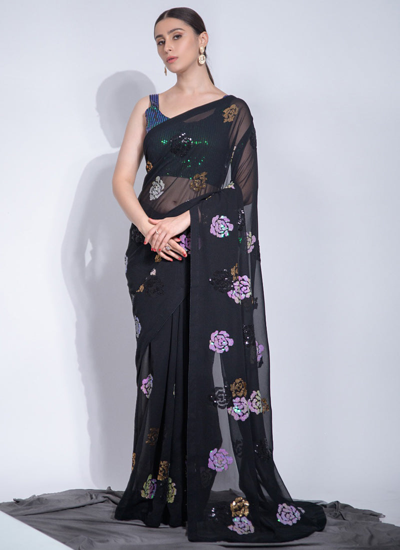 Vegaa Fashion Black Georgette Sequence Flower Work Saree