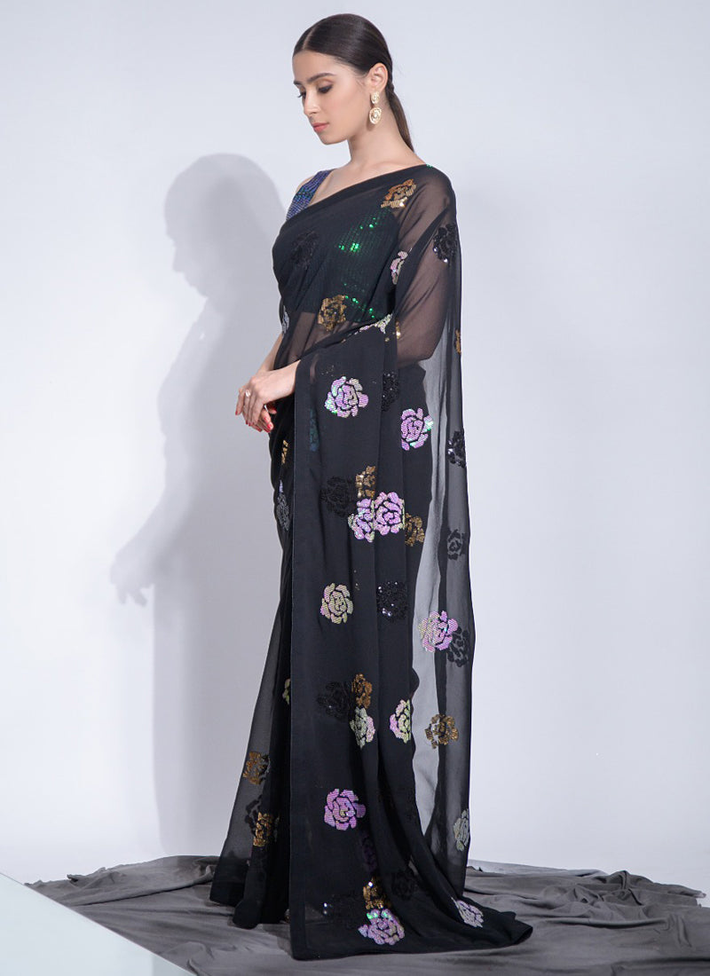 Vegaa Fashion Black Georgette Sequence Flower Work Saree
