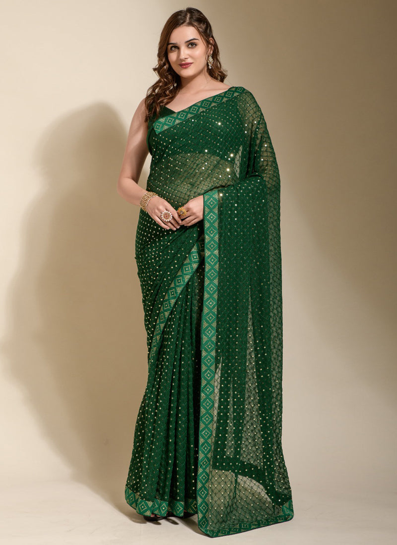 Vegaa Fashion Green Georgette Embroidered Party Wear Saree
