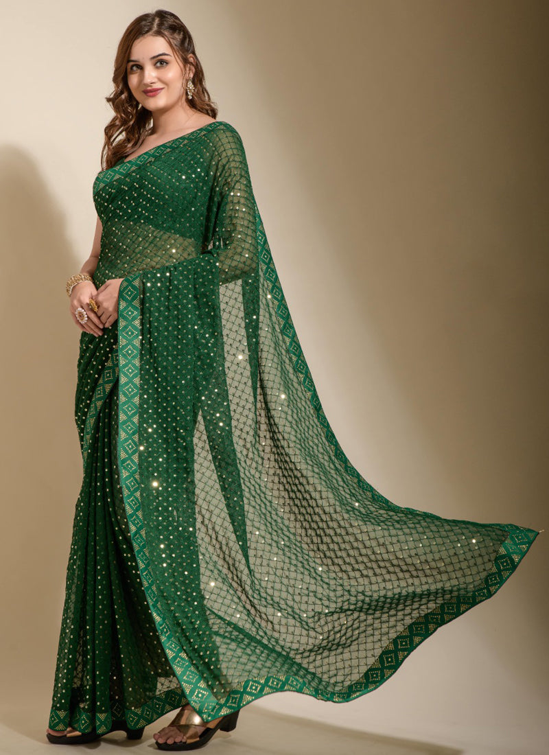 Vegaa Fashion Green Georgette Embroidered Party Wear Saree