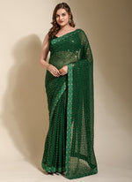 Thumbnail for Vegaa Fashion Green Georgette Embroidered Party Wear Saree