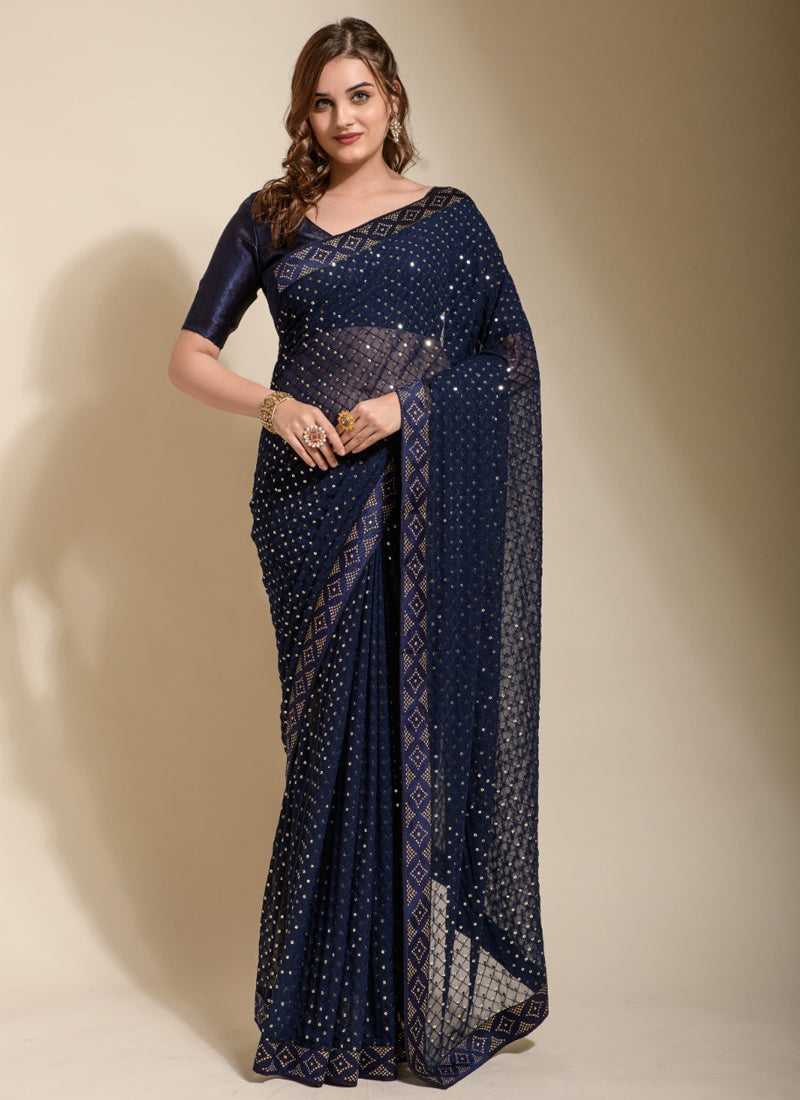 Vegaa Fashion Blue Georgette Embroidered Party Wear Saree