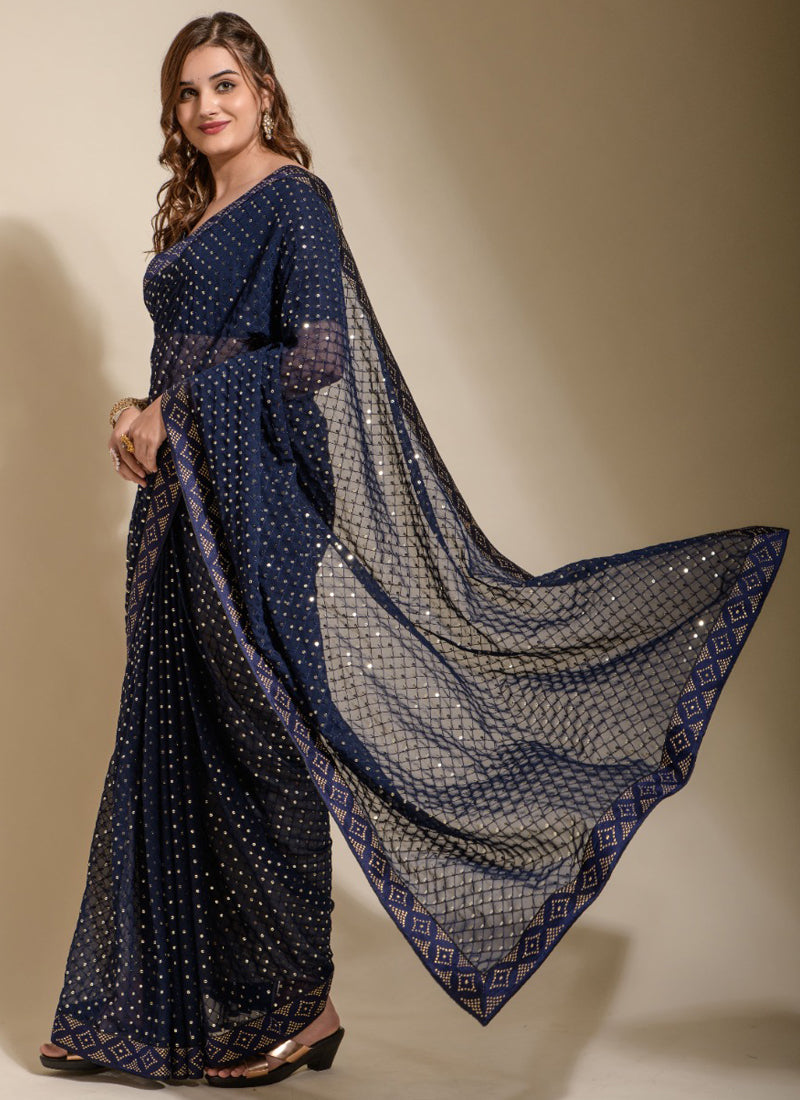 Vegaa Fashion Blue Georgette Embroidered Party Wear Saree