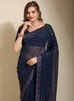 Thumbnail for Vegaa Fashion Blue Georgette Embroidered Party Wear Saree