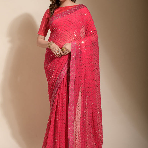 Vegaa Fashion Peach Georgette Embroidered Party Wear Saree - Distacart