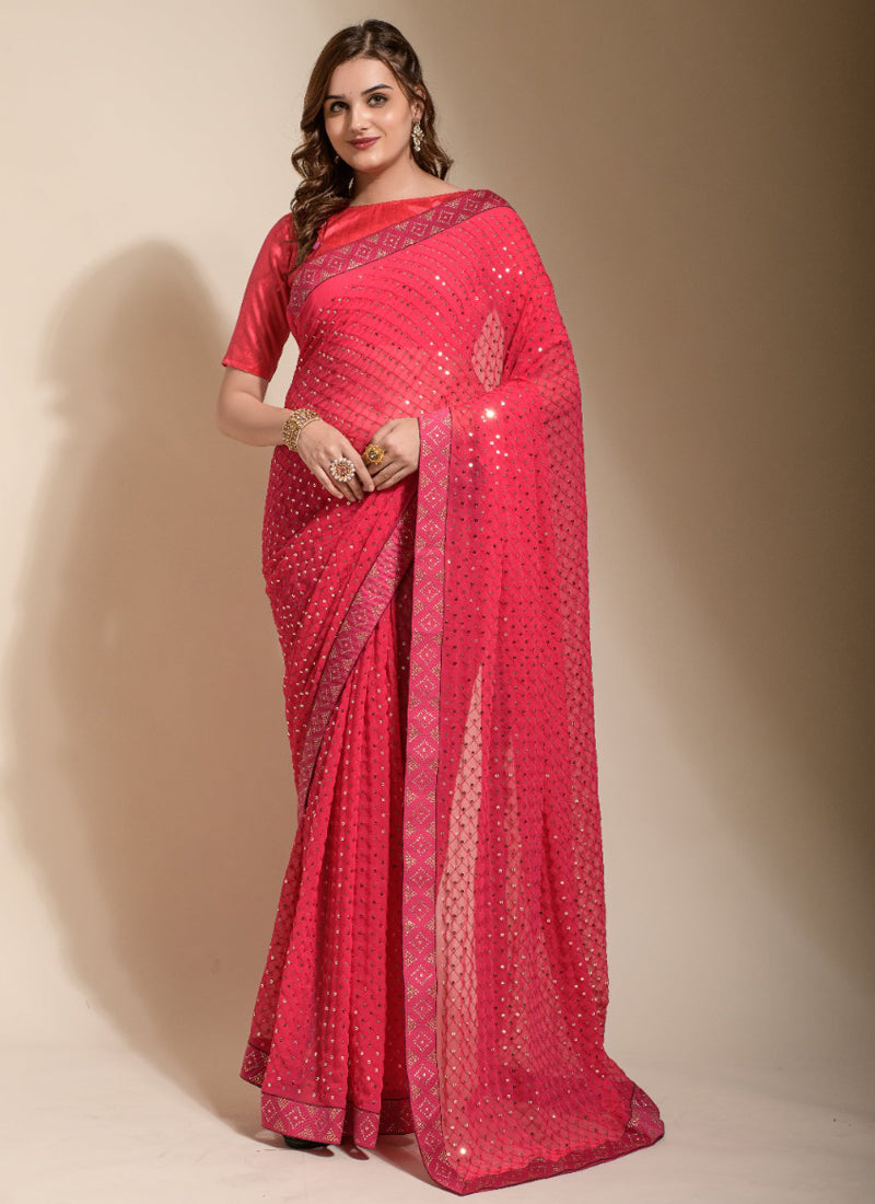 Vegaa Fashion Peach Georgette Embroidered Party Wear Saree - Distacart