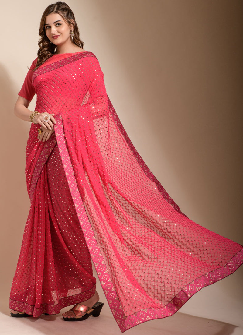 Vegaa Fashion Peach Georgette Embroidered Party Wear Saree