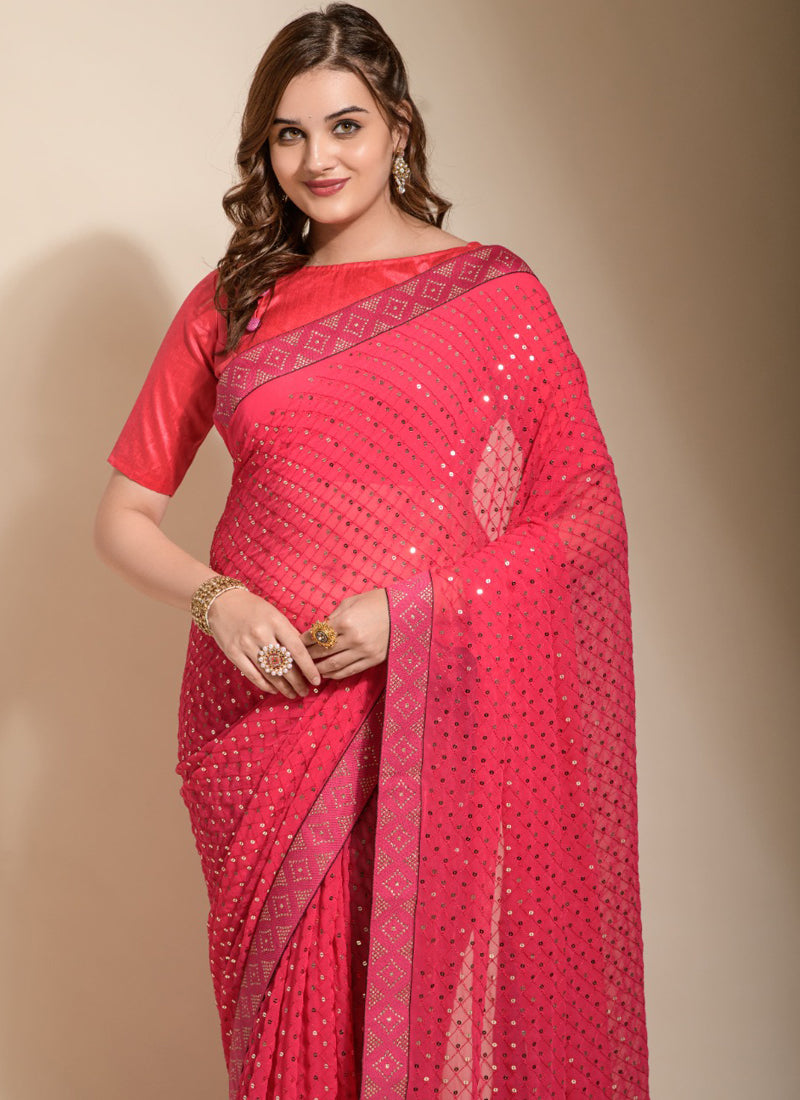 Vegaa Fashion Peach Georgette Embroidered Party Wear Saree