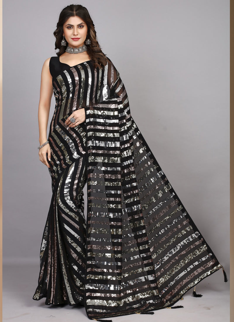 Vegaa Fashion Black Georgette Embroidered Party Wear Saree