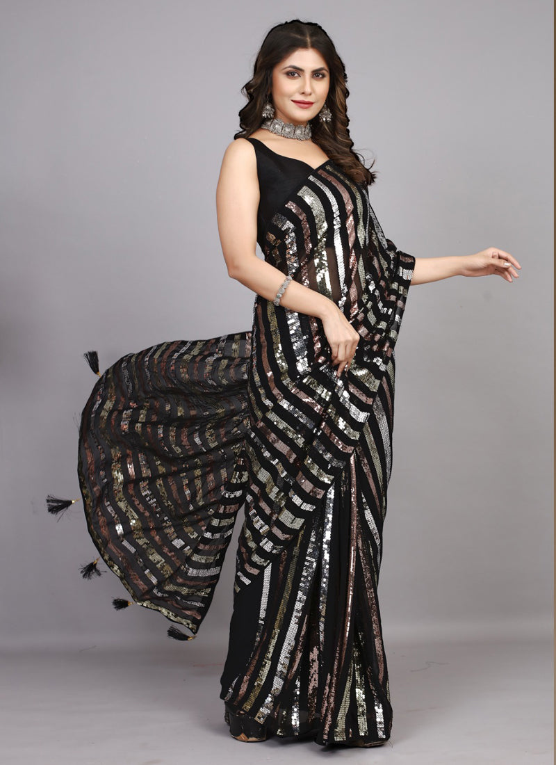 Vegaa Fashion Black Georgette Embroidered Party Wear Saree