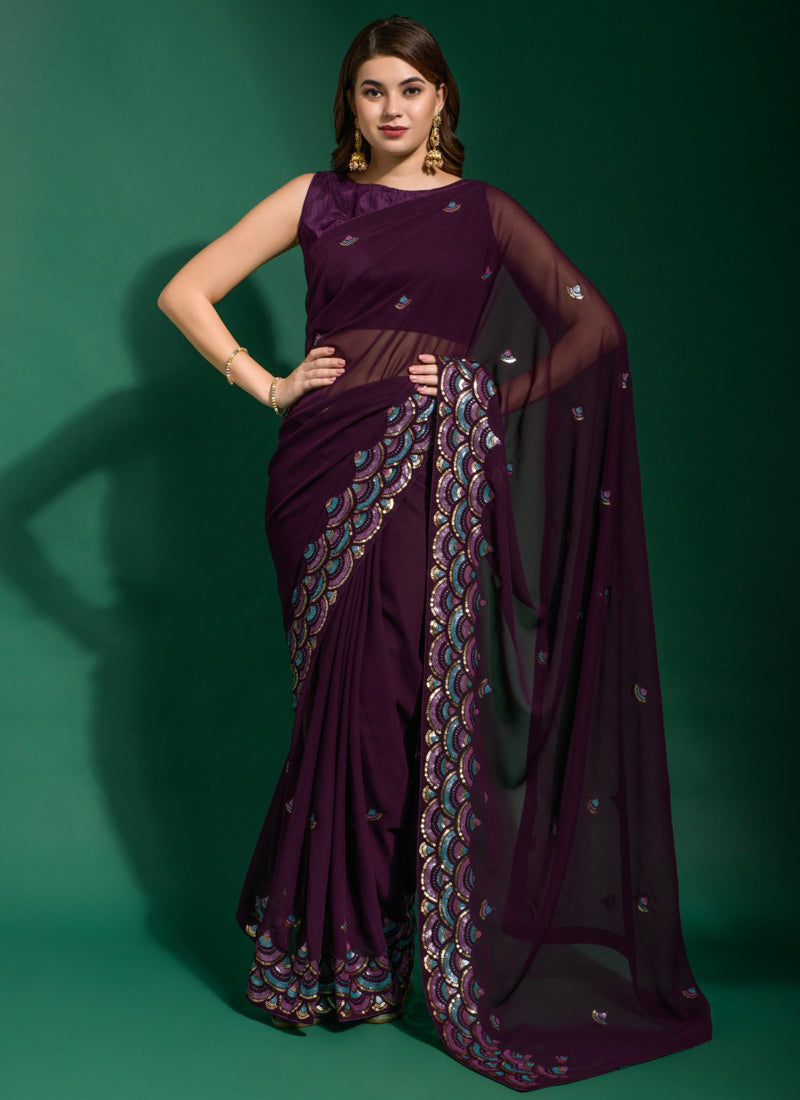 Vegaa Fashion Purple Georgette Embroidered Party Wear Saree