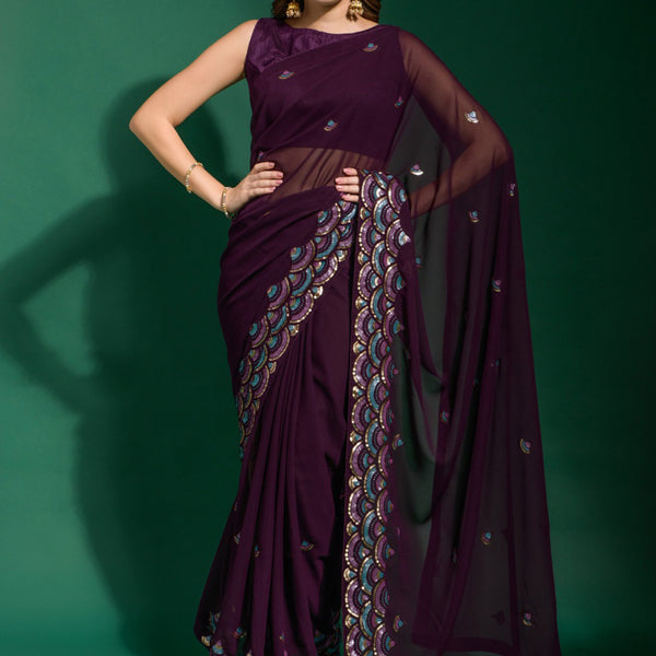 Vegaa Fashion Purple Georgette Embroidered Party Wear Saree - Distacart