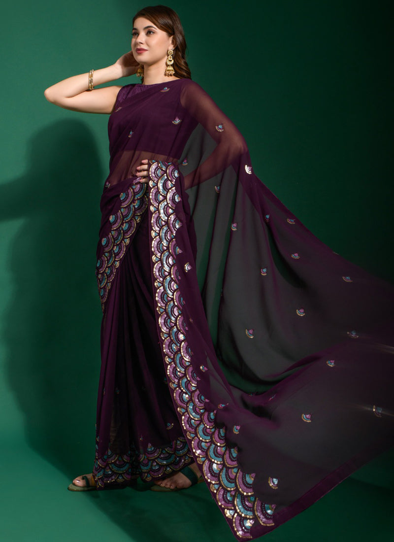 Vegaa Fashion Purple Georgette Embroidered Party Wear Saree
