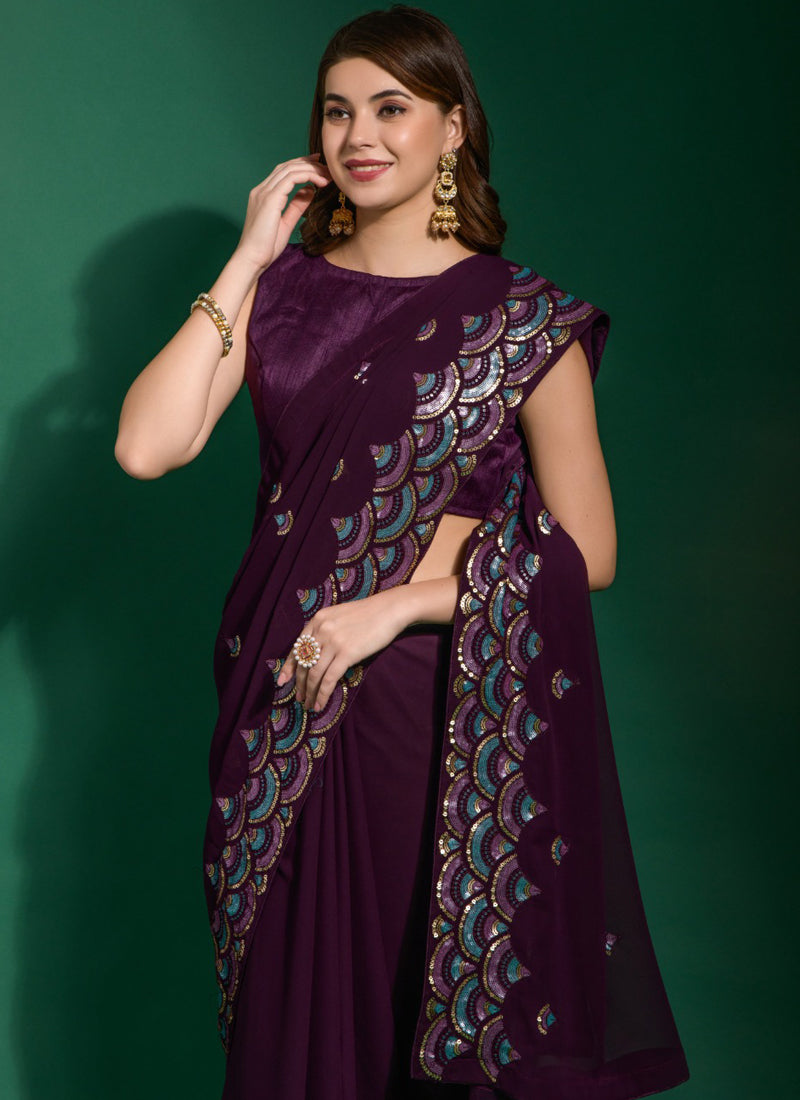 Vegaa Fashion Purple Georgette Embroidered Party Wear Saree