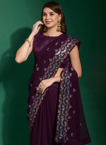 Thumbnail for Vegaa Fashion Purple Georgette Embroidered Party Wear Saree