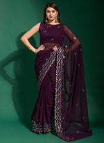 Thumbnail for Vegaa Fashion Purple Georgette Embroidered Party Wear Saree