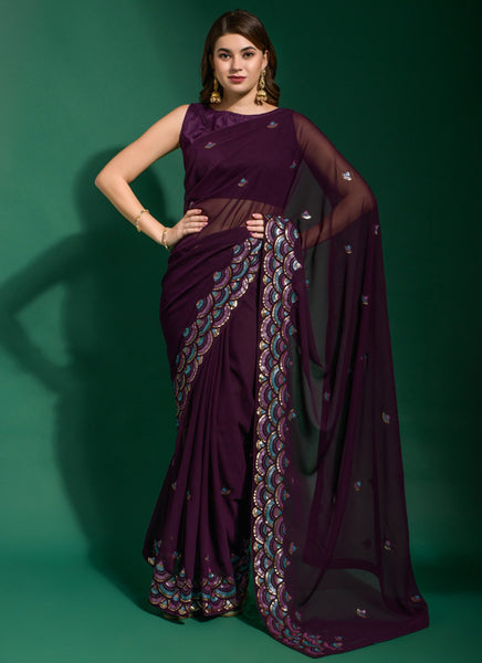 Vegaa Fashion Purple Georgette Embroidered Party Wear Saree