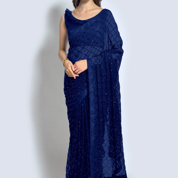 Vegaa Fashion Blue Georgette Sequence Party Wear Saree - Distacart