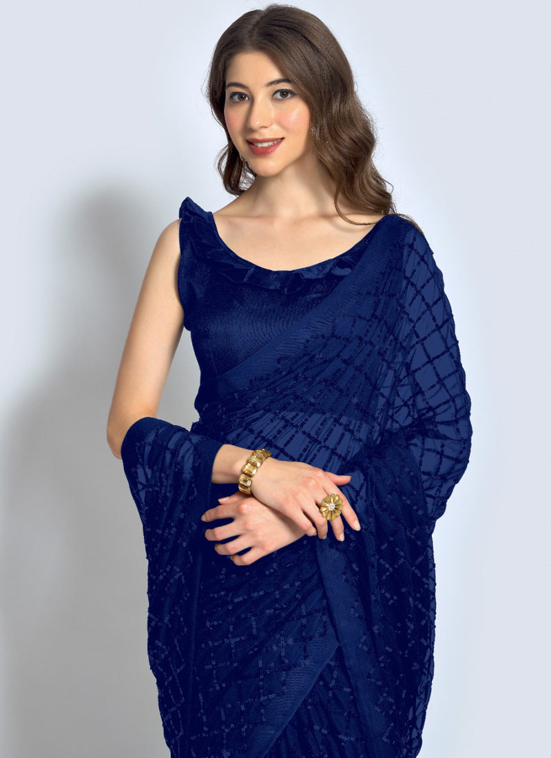 Vegaa Fashion Blue Georgette Sequence Party Wear Saree