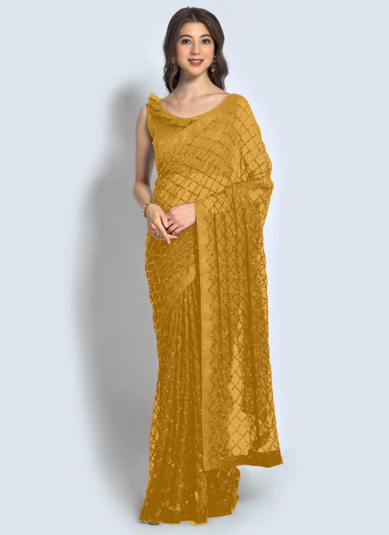 Vegaa Fashion Yellow Georgette Sequence Party Wear Saree