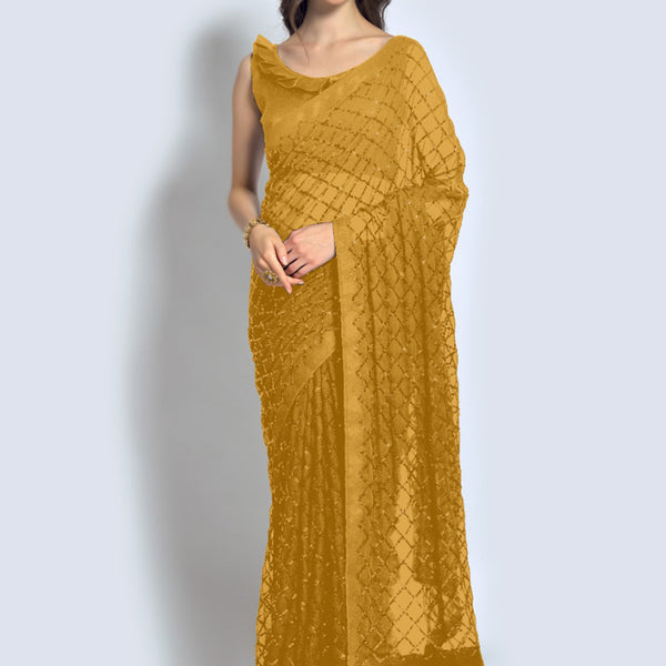 Vegaa Fashion Yellow Georgette Sequence Party Wear Saree - Distacart