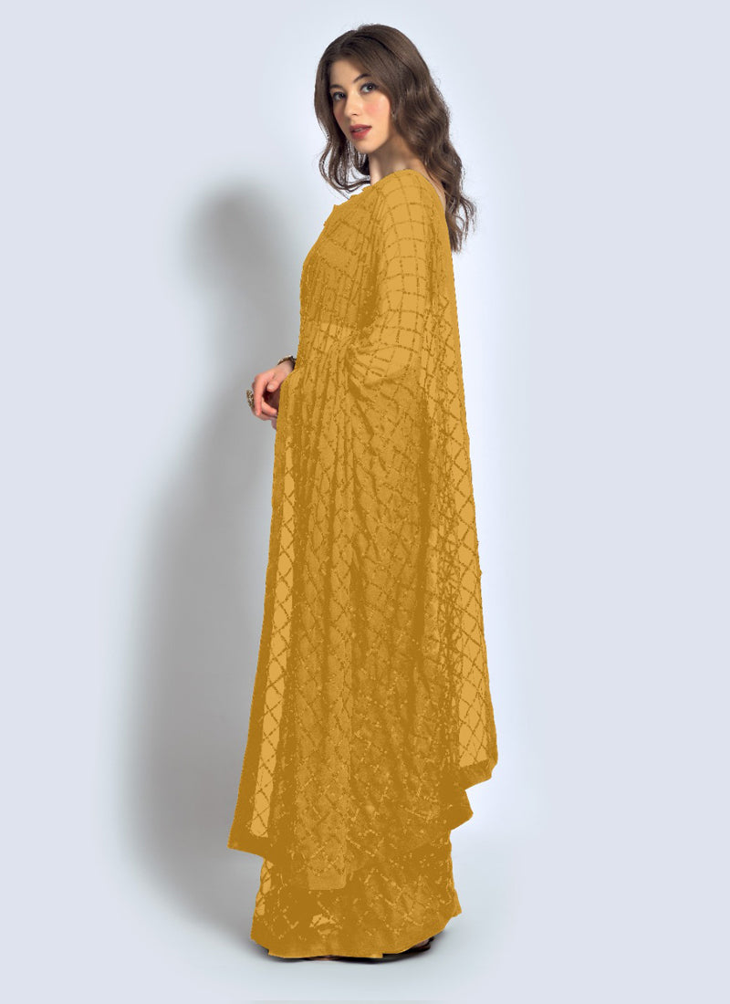 Vegaa Fashion Yellow Georgette Sequence Party Wear Saree