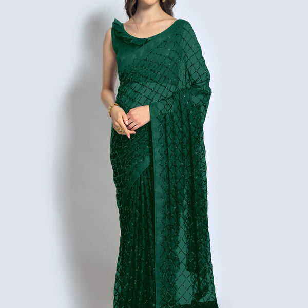 Vegaa Fashion Green Georgette Sequence Party Wear Saree - Distacart