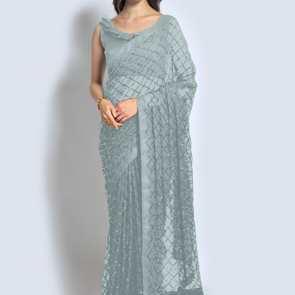 Vegaa Fashion Grey Georgette Sequence Party Wear Saree - Distacart