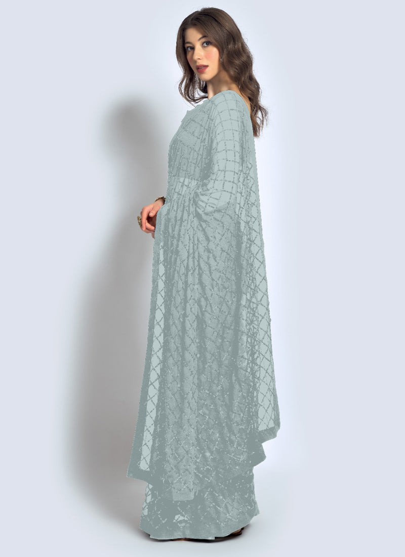 Vegaa Fashion Grey Georgette Sequence Party Wear Saree