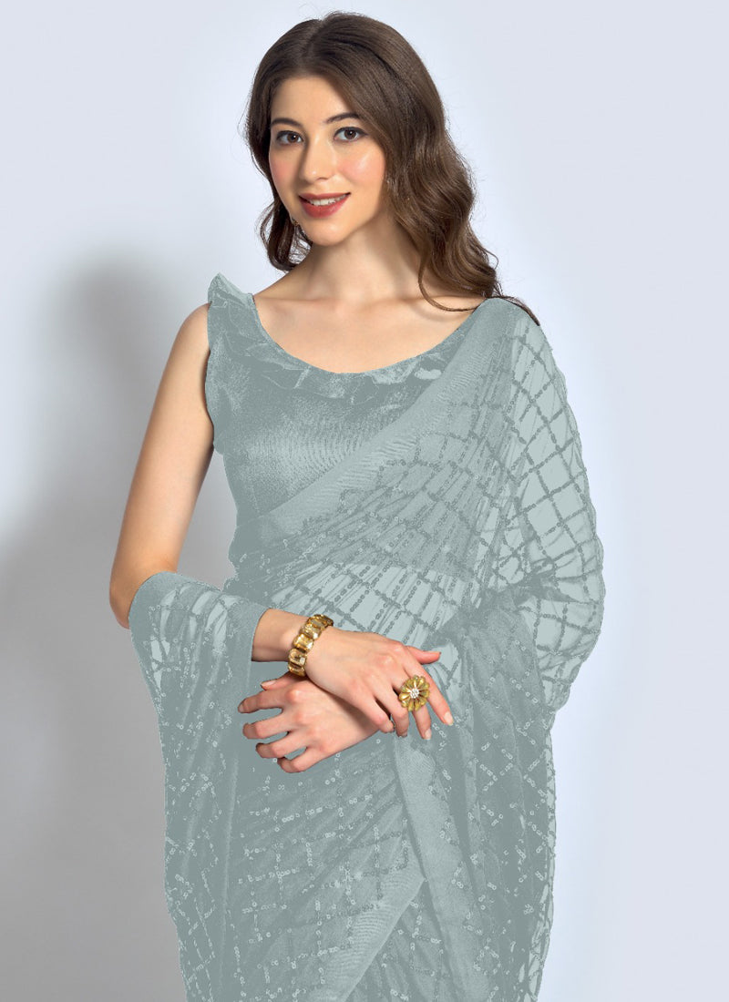Vegaa Fashion Grey Georgette Sequence Party Wear Saree