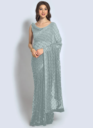 Vegaa Fashion Grey Georgette Sequence Party Wear Saree