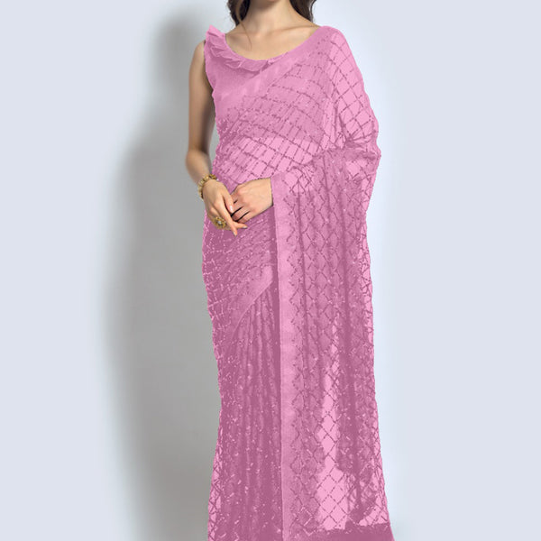 Vegaa Fashion Pink Georgette Sequence Party Wear Saree - Distacart