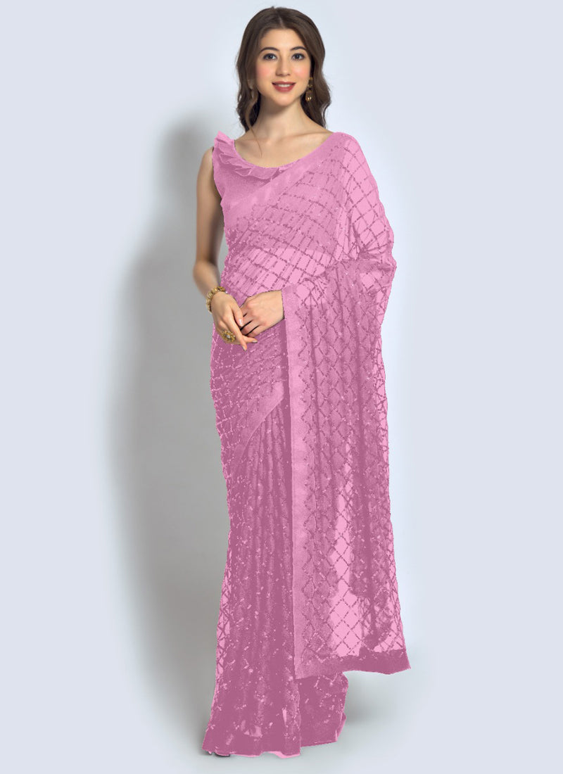 Vegaa Fashion Pink Georgette Sequence Party Wear Saree - Distacart