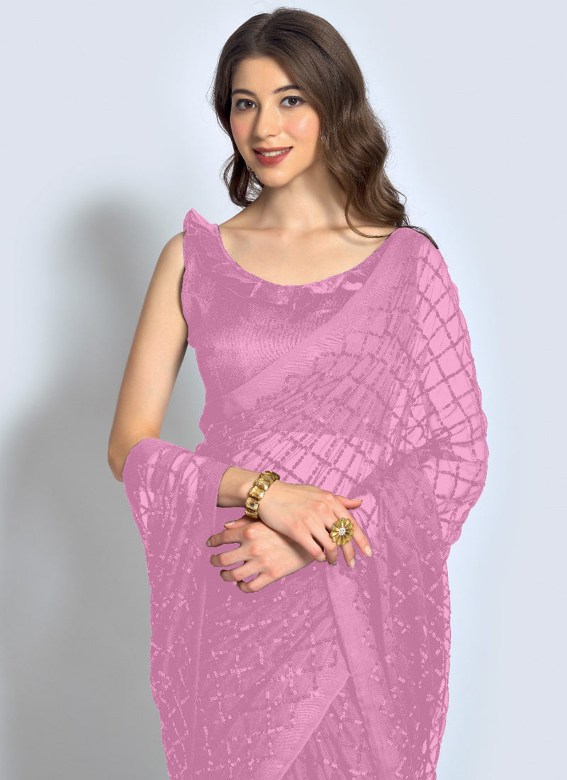 Vegaa Fashion Pink Georgette Sequence Party Wear Saree