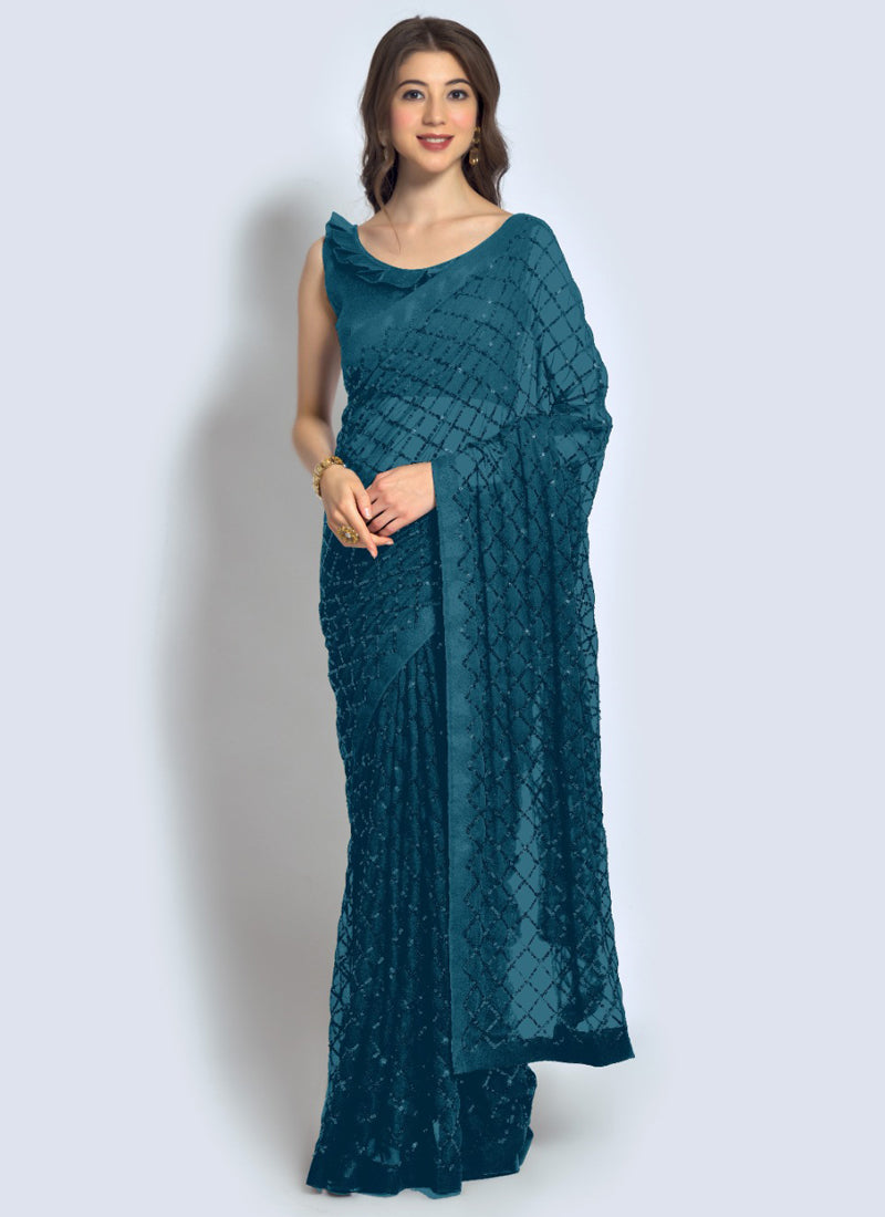 Vegaa Fashion Aqua Georgette Sequence Party Wear Saree
