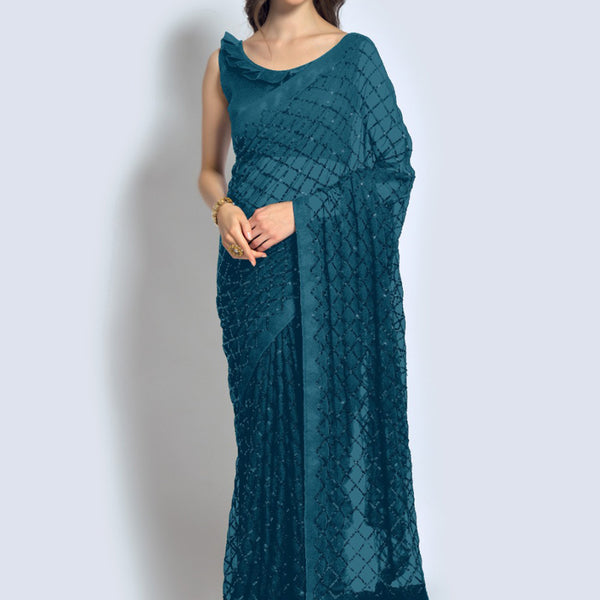 Vegaa Fashion Aqua Georgette Sequence Party Wear Saree - Distacart