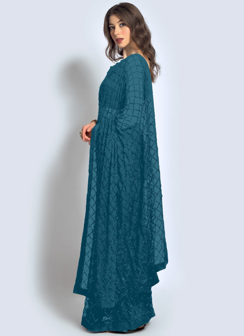 Vegaa Fashion Aqua Georgette Sequence Party Wear Saree