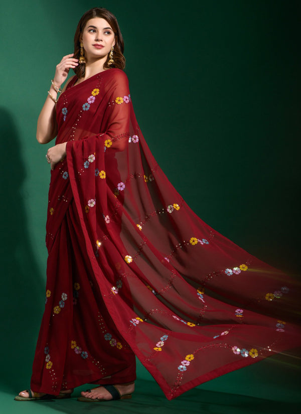 Vegaa Fashion Maroon Georgette Sequence Party Wear Saree