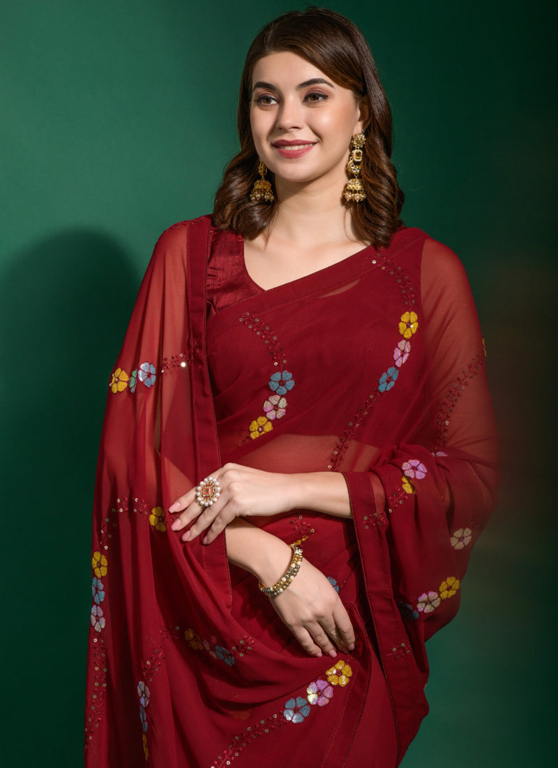 Vegaa Fashion Maroon Georgette Sequence Party Wear Saree