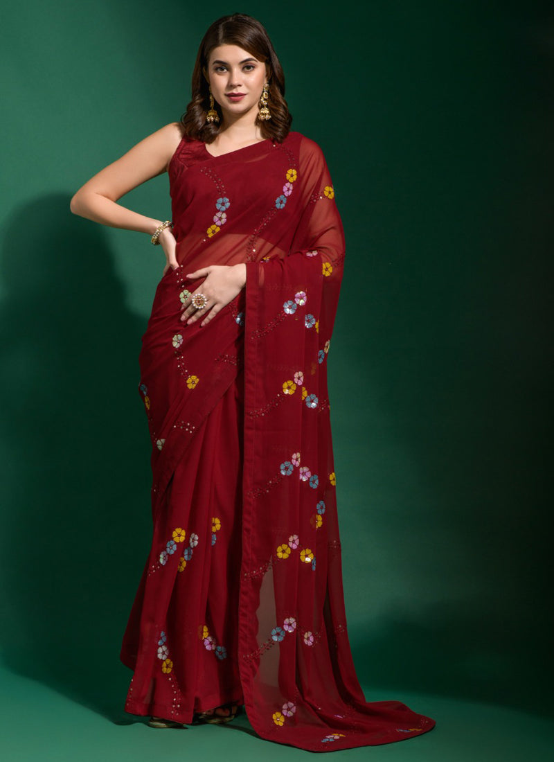 Vegaa Fashion Maroon Georgette Sequence Party Wear Saree