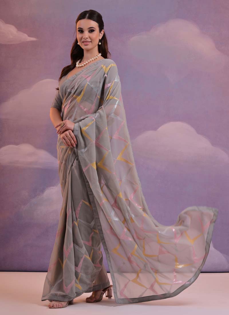 Vegaa Fashion Grey Heavy Georgette Sequence Work Saree
