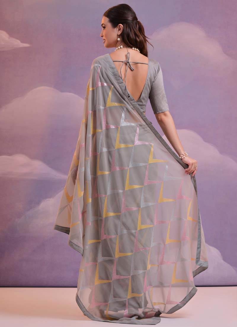 Vegaa Fashion Grey Heavy Georgette Sequence Work Saree