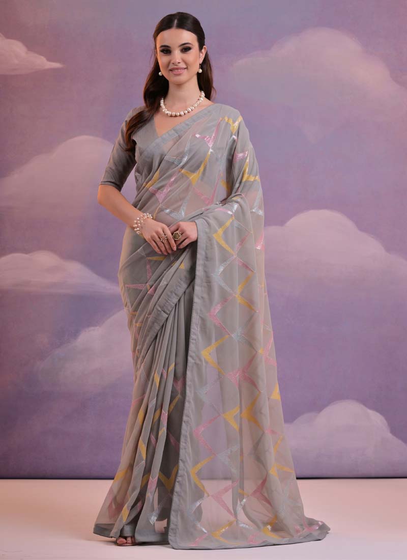 Vegaa Fashion Grey Heavy Georgette Sequence Work Saree
