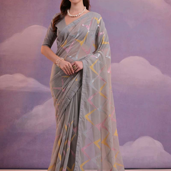 Vegaa Fashion Grey Heavy Georgette Sequence Work Saree - Distacart