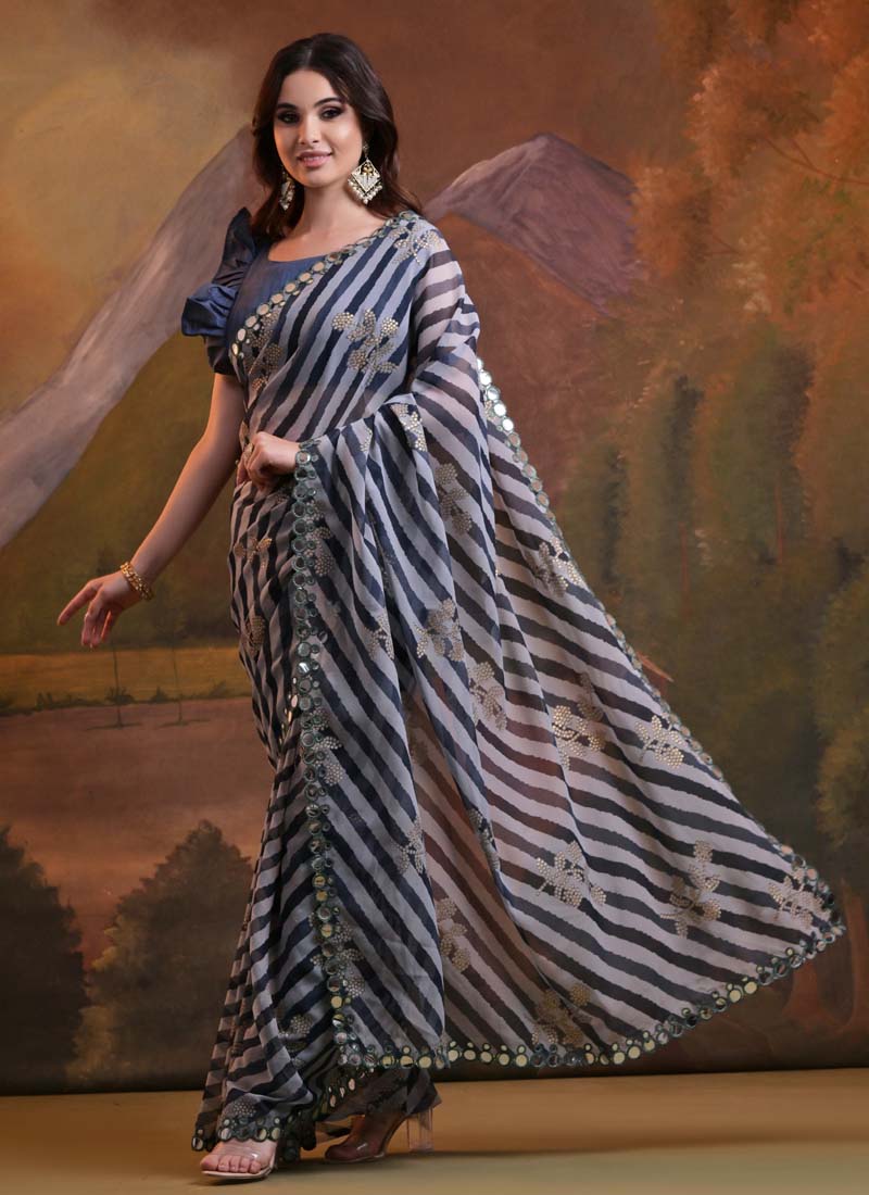 Vegaa Fashion Blue Georgette Leriya Print Designer Saree